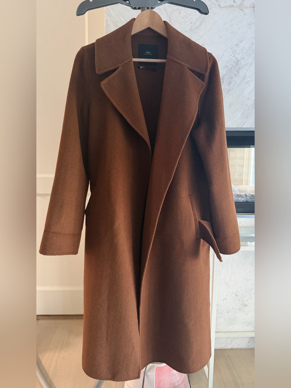 Zara Brown Long Wool-Blend Trench Coat